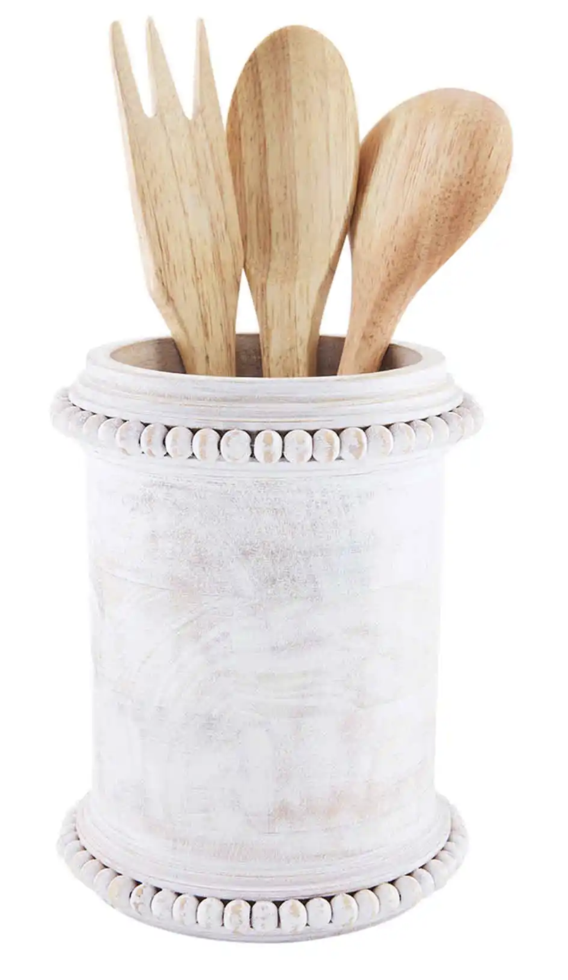 White Bead Wood Utensil Holder