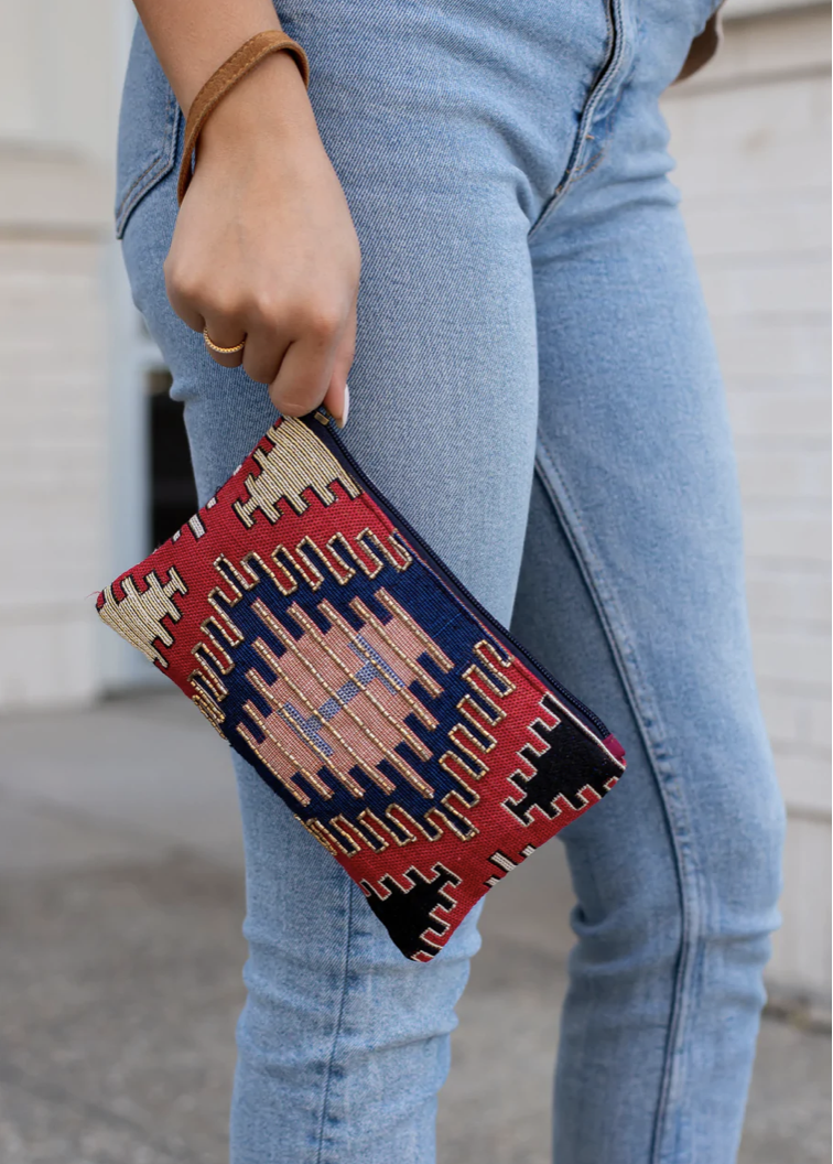 Red and Navy Beaded Woven Wristlet