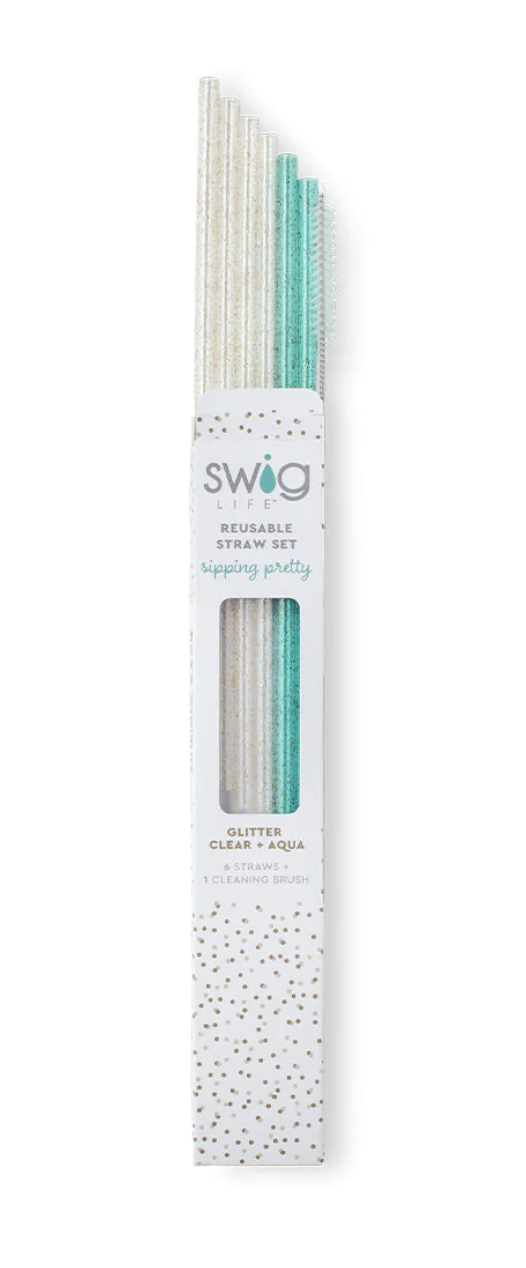 Swig Reusable Straw Set (tall)- Glitter Clear and Aqua