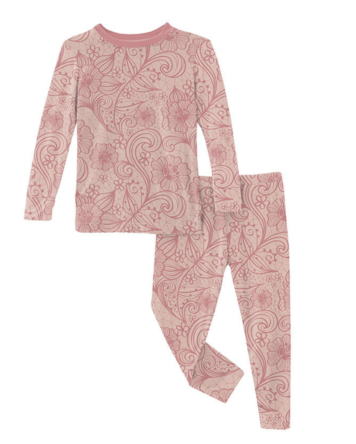 Kickee Decades Collection- Print Long Sleeve Pajama Set- Peach Blossom Lace