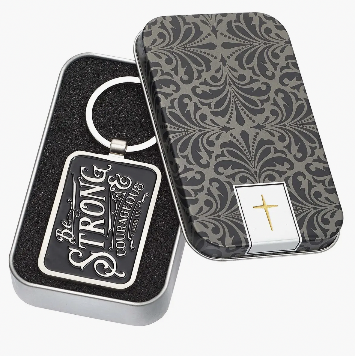 Be Strong & Courageous Black Metal Key Ring in Gift Tin