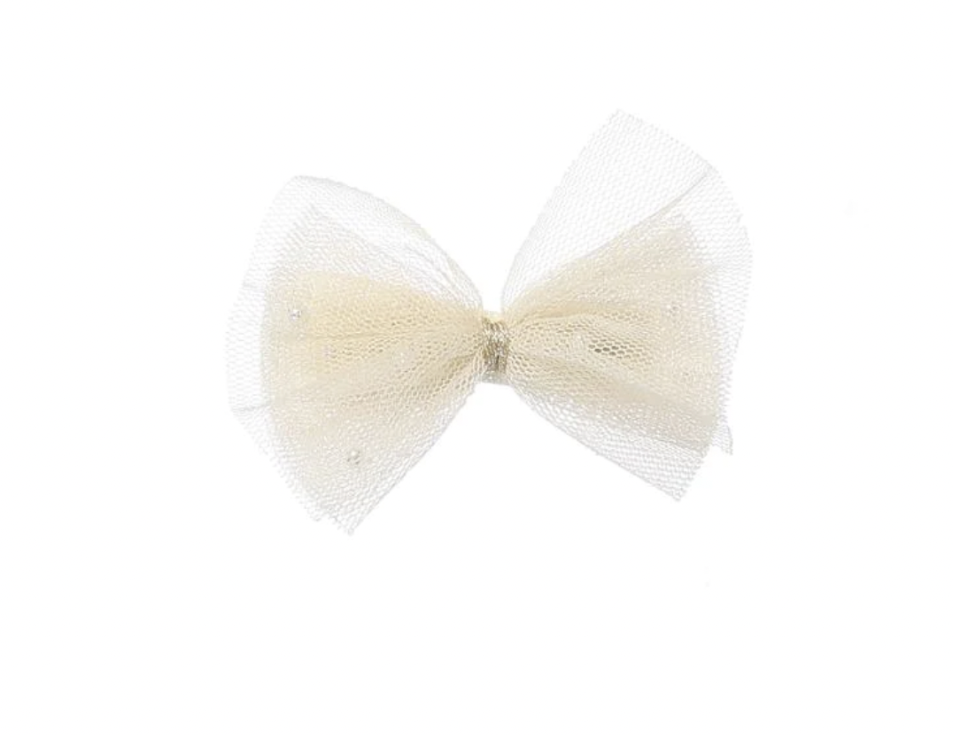 Shimmery Mesh Pearl Bow Hair Clip- Cream