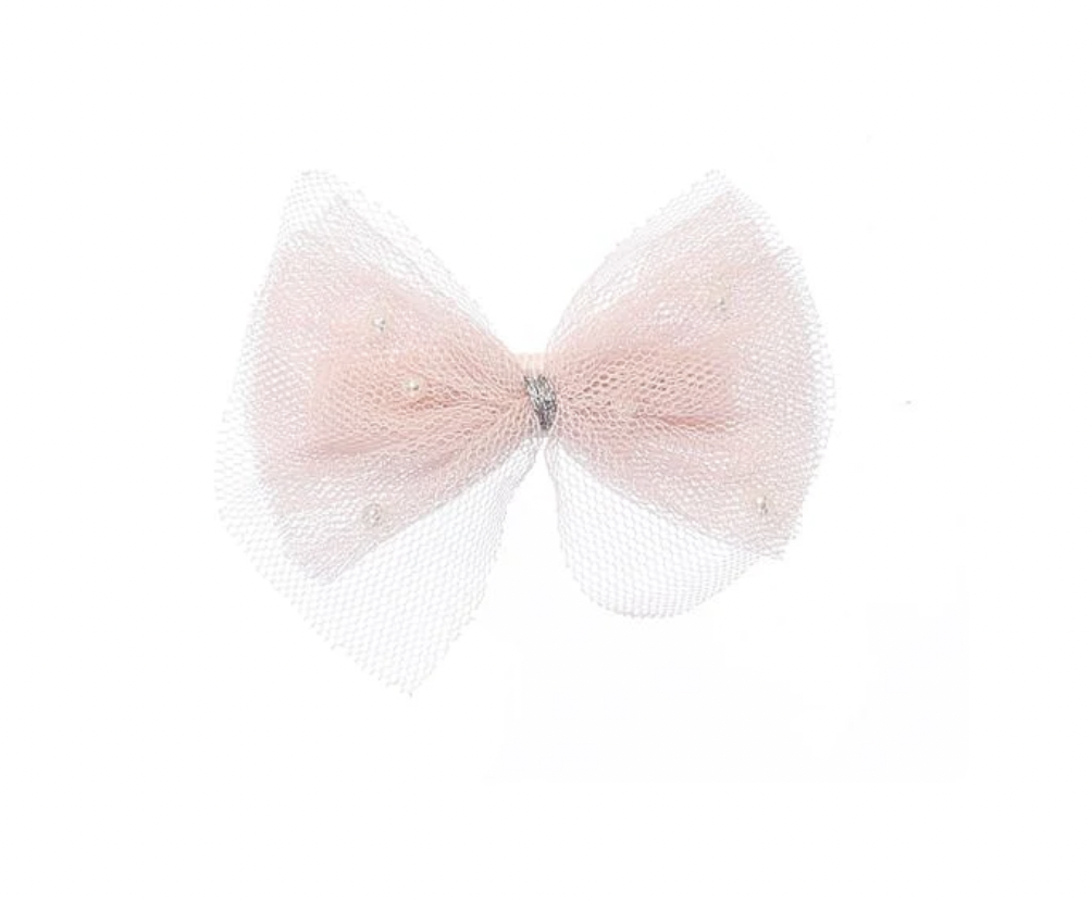 Shimmery Mesh Pearl Bow Hair Clip- Pink