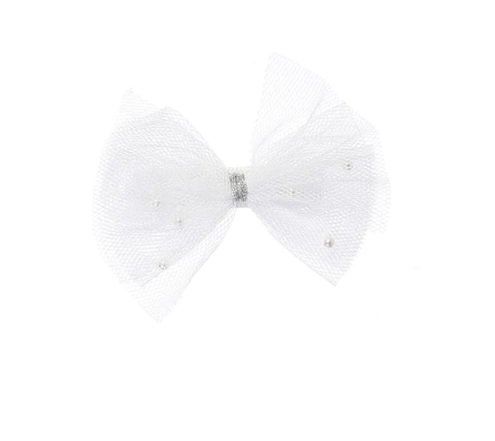 Shimmery Mesh Pearl Bow Hair Clip- White
