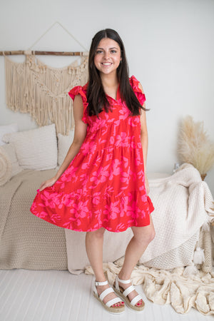 Marcy Red Mix Ruffle Sleeve Dress