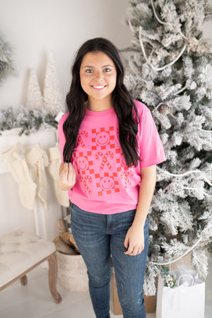 "Smiley Face's & Candy Cane's" Pink Graphic Tee