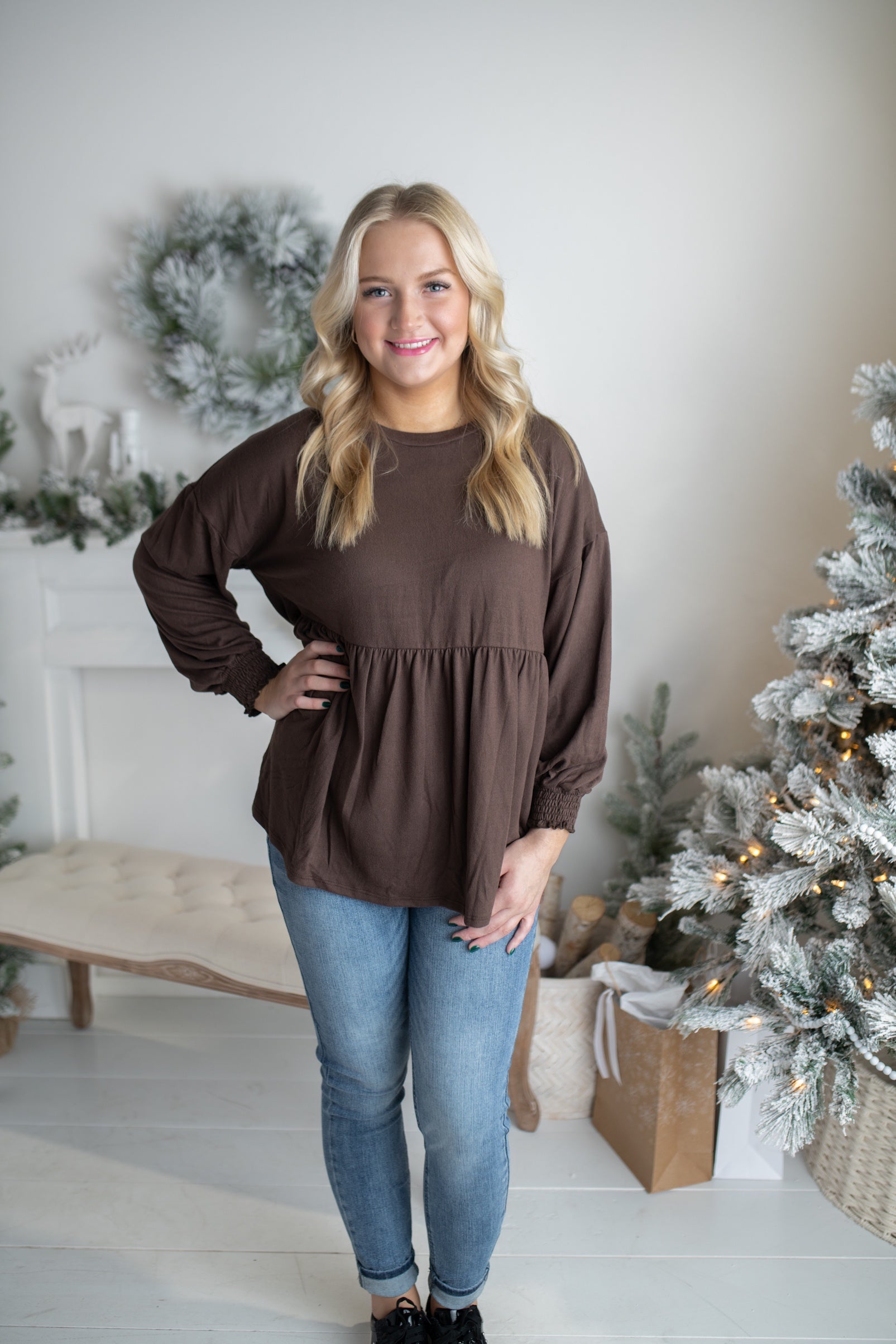 Brown Knit Long Sleeve Baby Doll Top