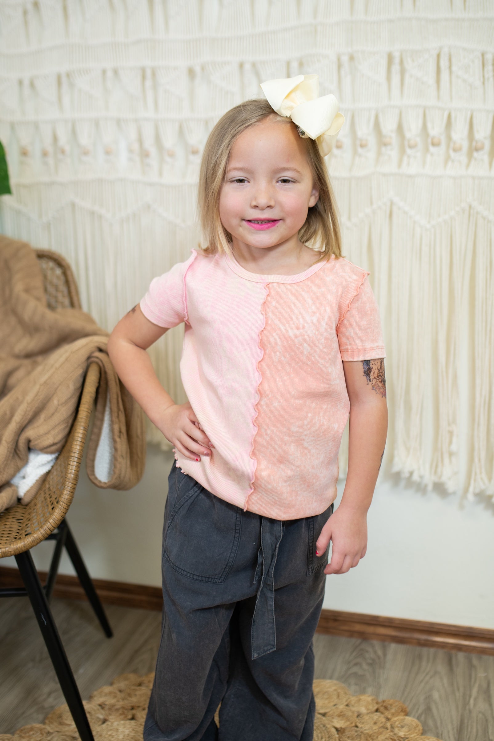 Tropical Peach Ribbed Color Block Top