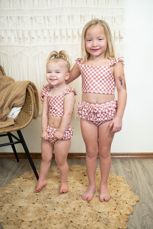 Strawberry Checkered Girls Two Piece Ruffle Swim Suit