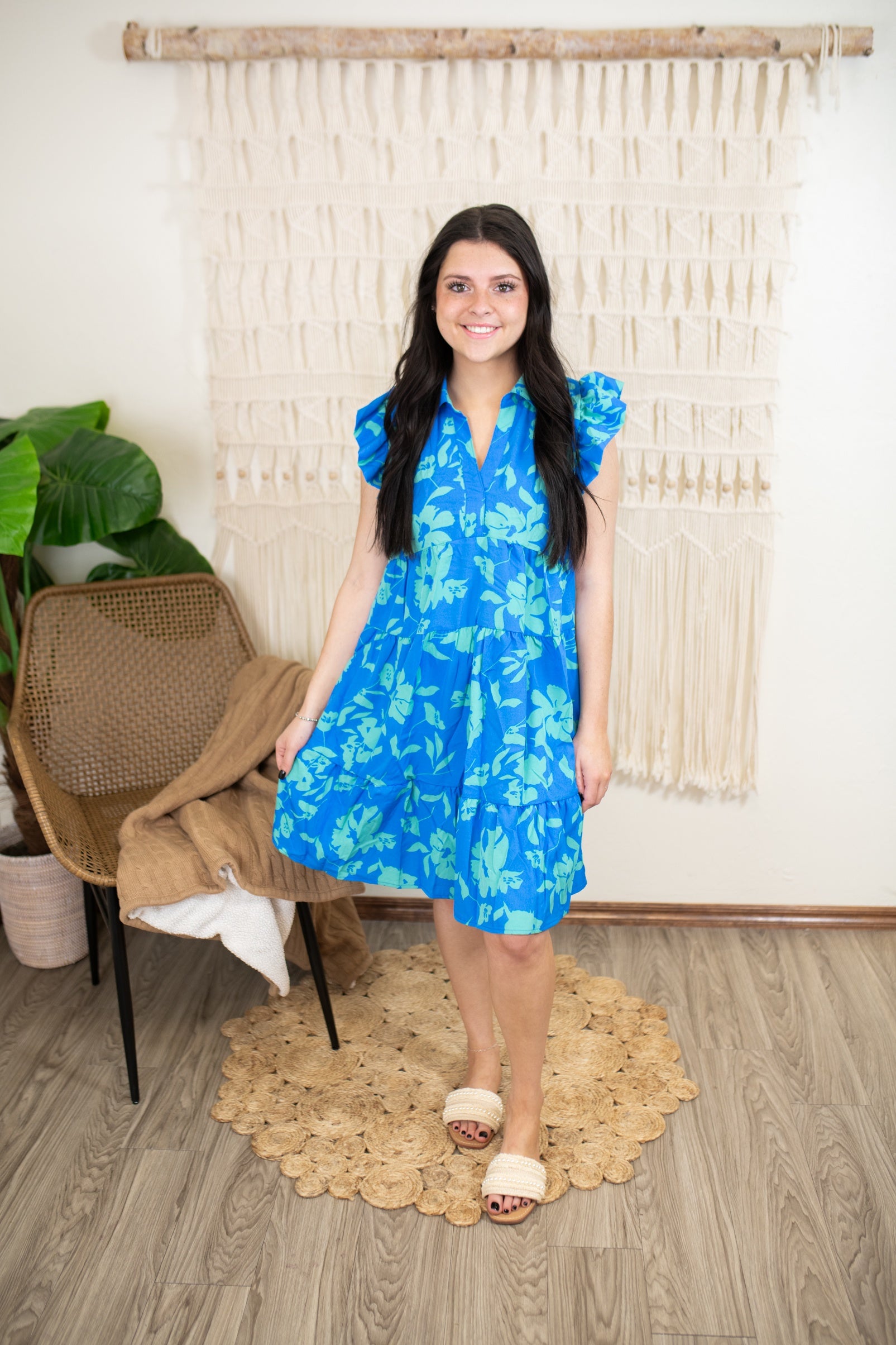 Azure Print Collared Tiered Dress