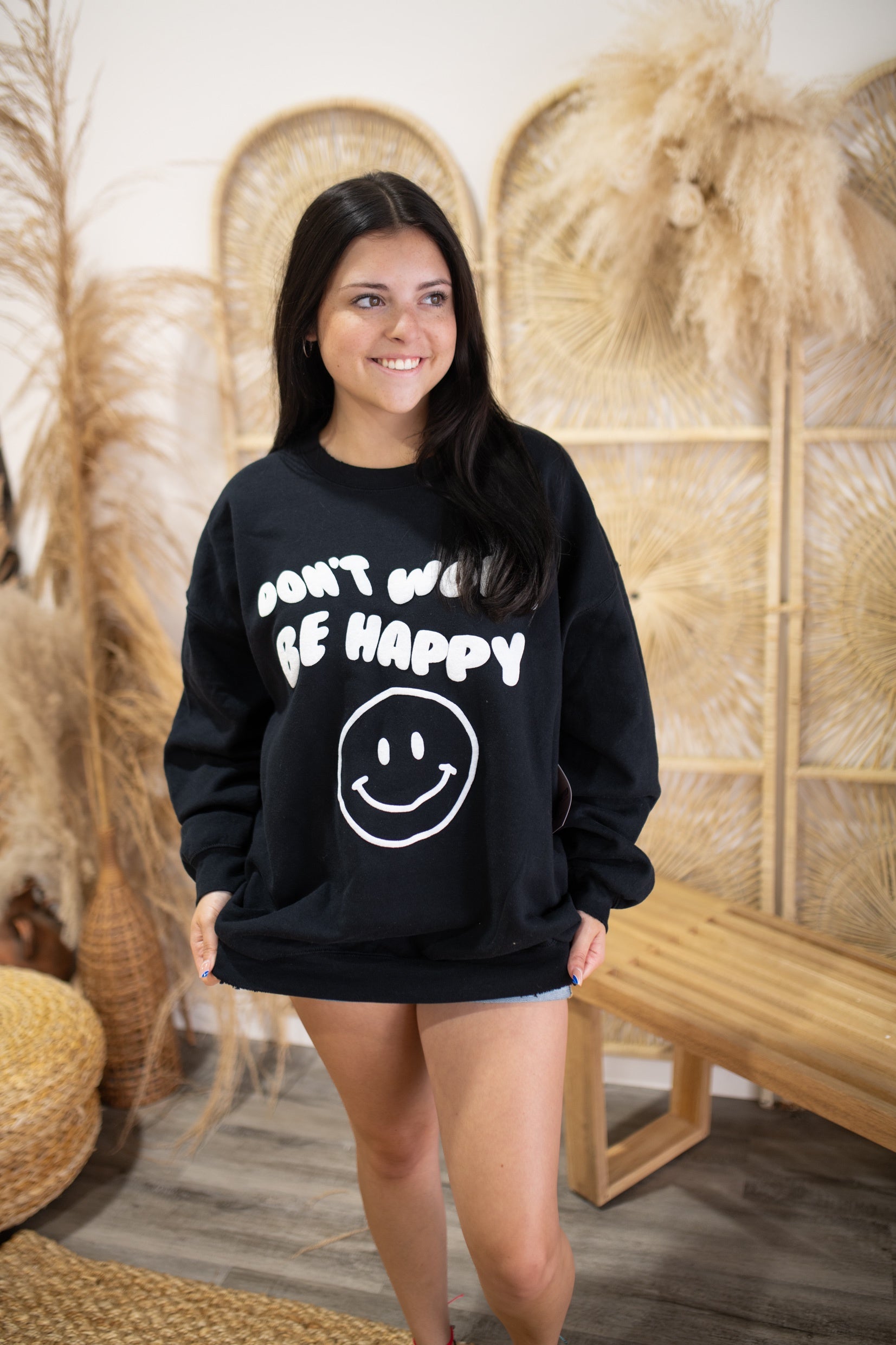 Don't Worry Be Happy Puff Sweatshirt-Black