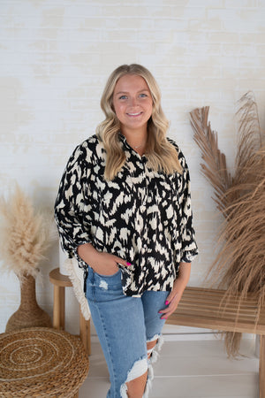 Funky Black & Ivory Button Up Blouse