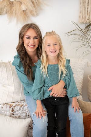 Karis Dusty Teal Mommy and Me Flutter Sleeve Blouse