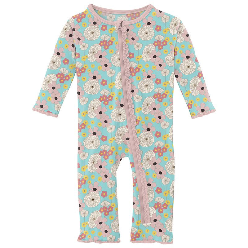 Kickee Celebrate Innocence Muffin Ruffle Coverall with Zipper - Summer Sky Flower Power